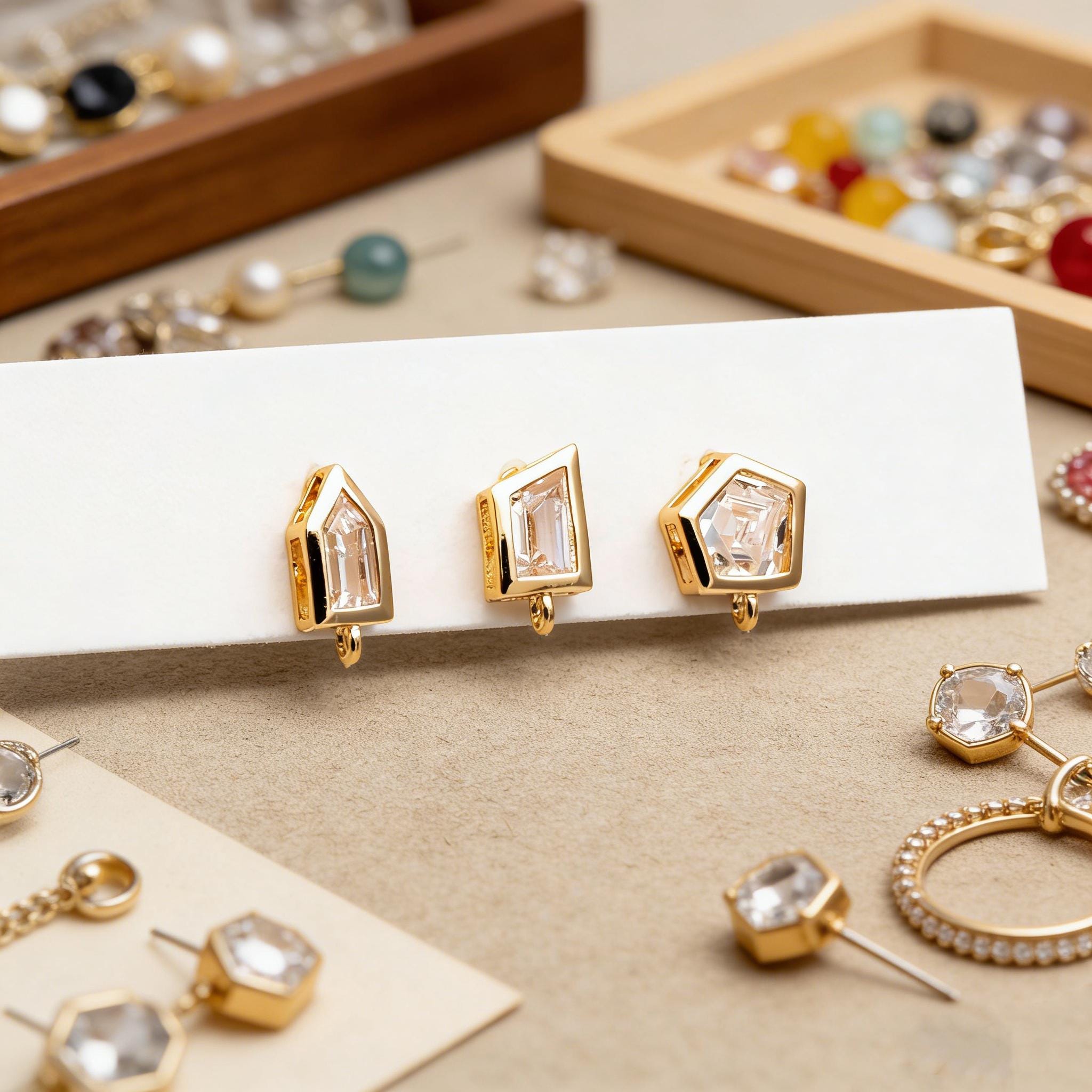 4pcs CZ Pave Geometric Earring Stud with Loop, 18K Gold plated Brass Earring Findings (#GB-3329)